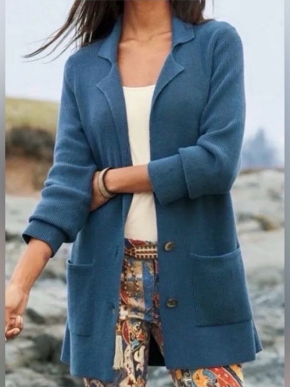 Peruvian Connection Slate Blue Yacht Club Cardigan 100% Cotton Women’s XS